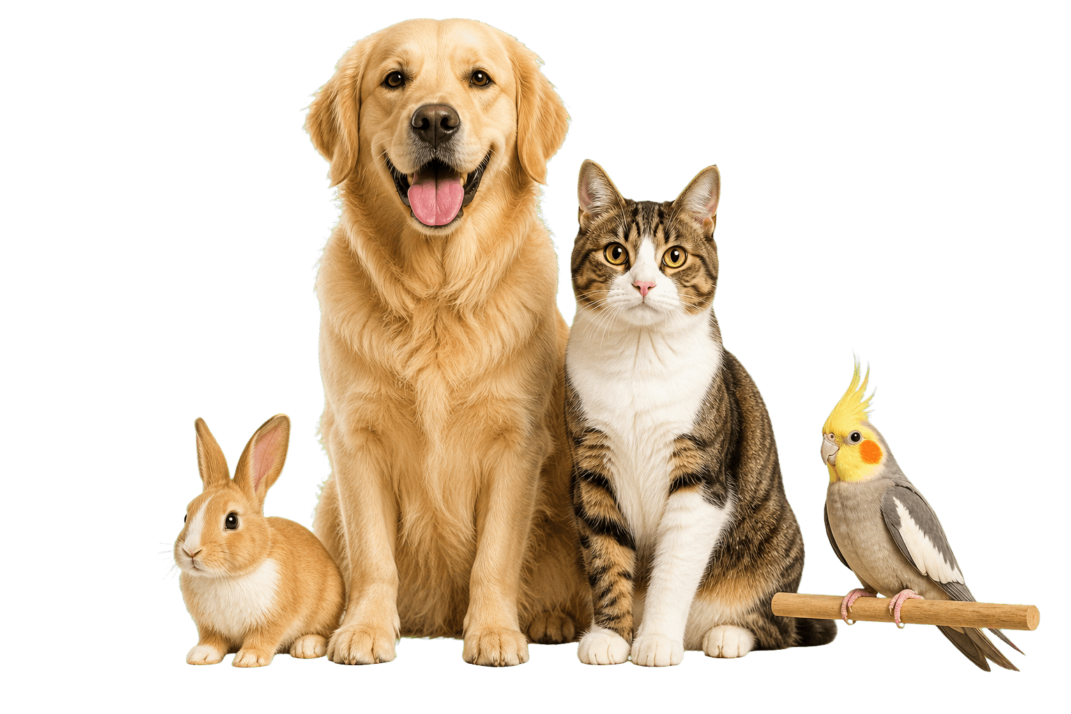 Golden retriever, kucing, kelinci, dan burung cockatiel untuk PawCare Vet & Petshop